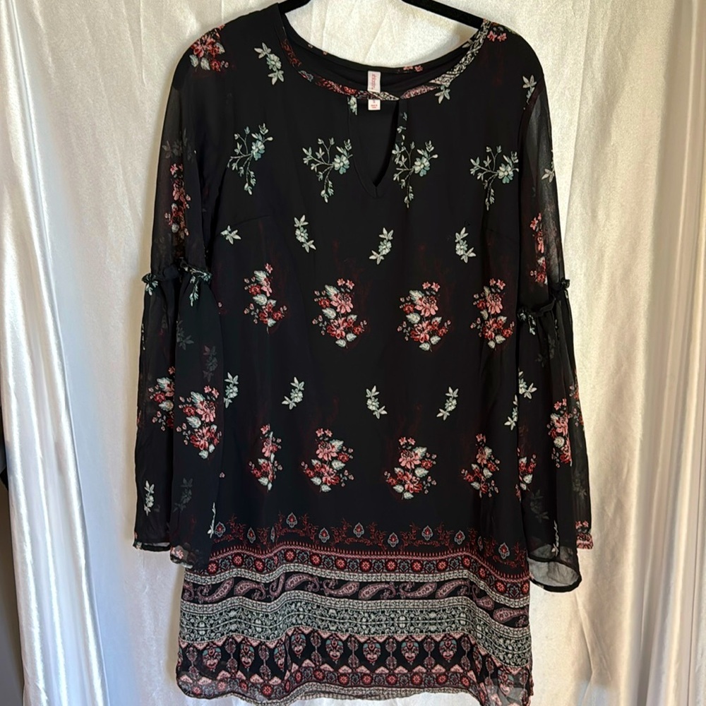 Xhilaration Black Floral Dress | Boho Sheer Sleeve Tunic S